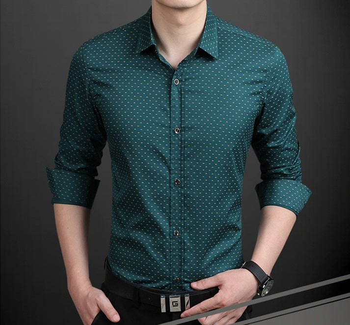 Brand Fashion Male Shirt Long-Sleeves Tops Polka Dot Printing Mens Dress Shirts Slim Men Shirt Plus Size M-5XL FGT