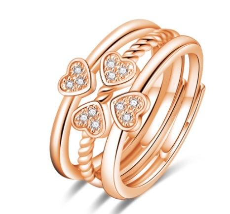 Four-leaf clover adjustable ring set with zircon accents for women in rose gold.