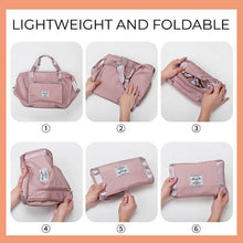 Load image into Gallery viewer, Lightweight and foldable pink travel bag demonstration steps.
