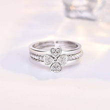 Load image into Gallery viewer, Four-leaf clover adjustable ring with zircon details, white gold finish.
