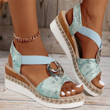 Load image into Gallery viewer, Women&#39;s peep toe serpentine wedges sandals with circle design in cyan, casual summer shoes.
