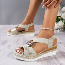 Load image into Gallery viewer, Women&#39;s peep toe serpentine wedge sandals with circle design, PU material, casual summer shoes.
