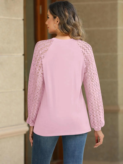 Women Chic Pink Lace Long Sleeve Blouse