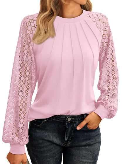 Women Chic Pink Lace Long Sleeve Blouse