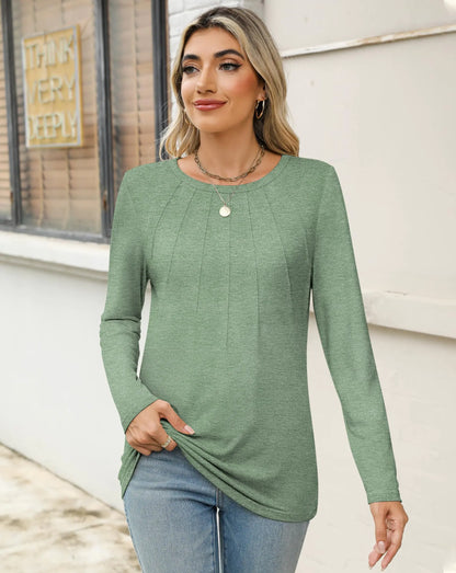 Women's Pleated Long Sleeve Blouse - Light Green