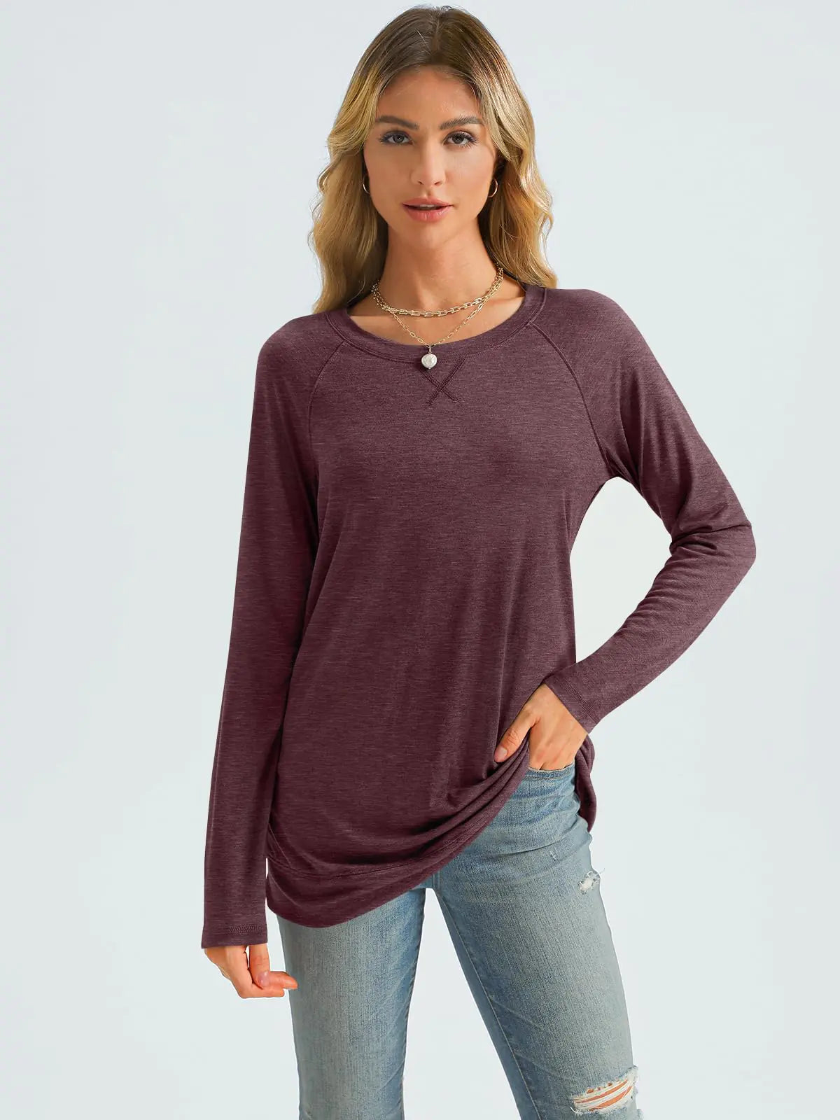 Women Chic Wine-Red Long Sleeve Blouse