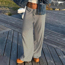 Load image into Gallery viewer, Women&#39;s Striped Print Trousers Y2K Fashion Casual Lace Up Home Straight  Wide-leg Pants
