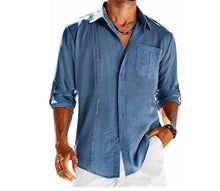 Load image into Gallery viewer, Casual  Long Sleeve Shirt With Pocket Lace Polo Collar Solid Color Button Mens Clothing
