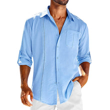 Load image into Gallery viewer, Casual  Long Sleeve Shirt With Pocket Lace Polo Collar Solid Color Button Mens Clothing
