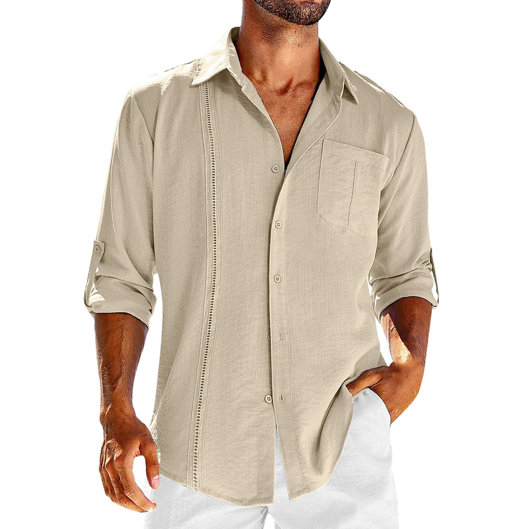 Casual  Long Sleeve Shirt With Pocket Lace Polo Collar Solid Color Button Mens Clothing