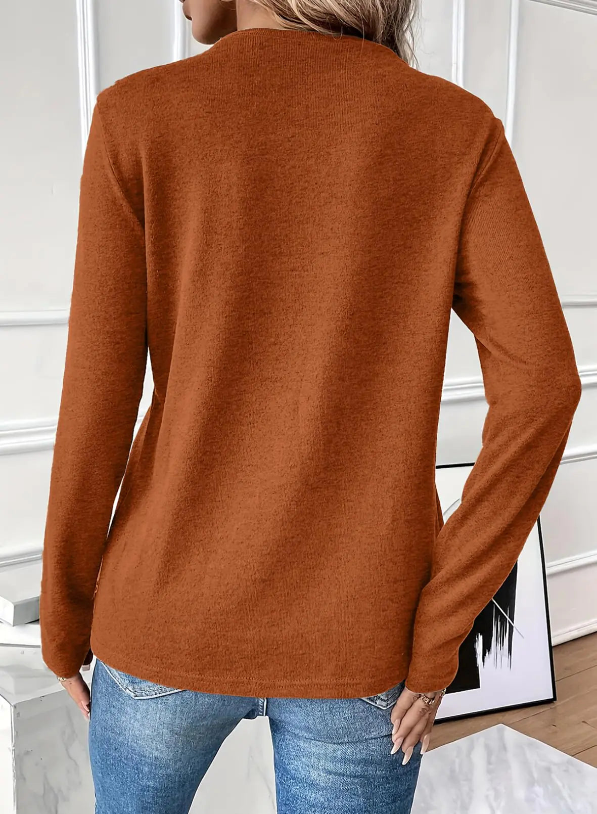 Women Chic Orange Pleated Crewneck Blouse Top XXL