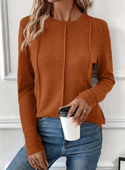 Women Chic Orange Pleated Crewneck Blouse Top XXL