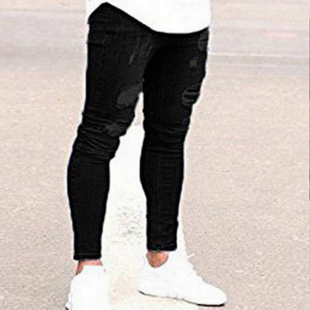 Mens Destroyed Ripped Design Pencil Jeans Pants